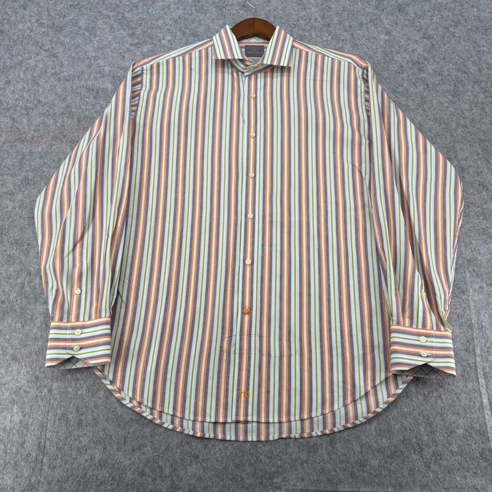 Thomas Dean Mens Large Multi Color Striped Cotton Button Down Shirt Long Sleeve